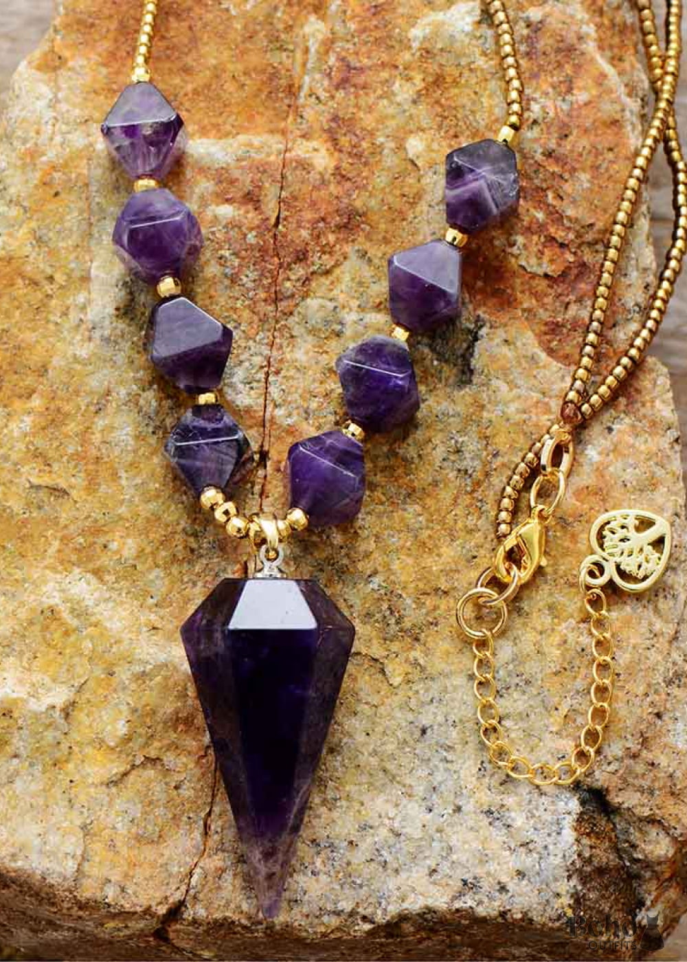 Boho Necklace Amethysts Hexagonal Cone Pendant - Amethyst