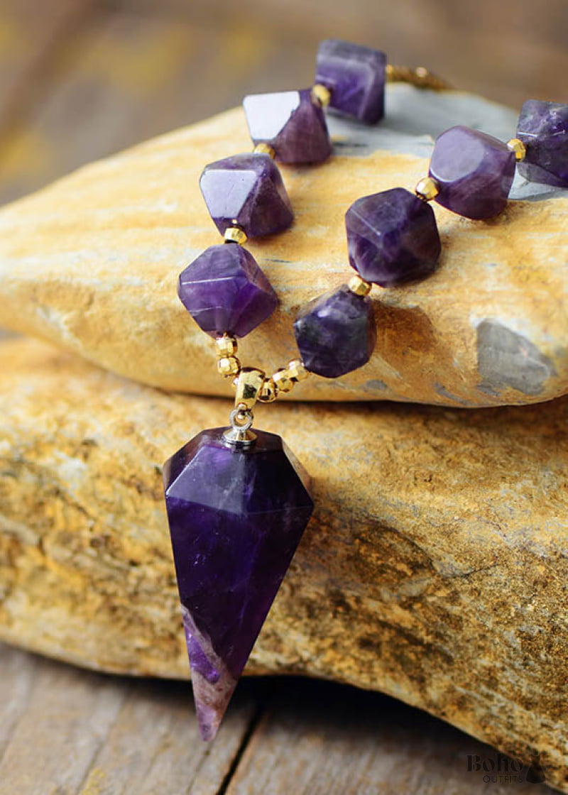 Boho Necklace Amethysts Hexagonal Cone Pendant - Jewelry