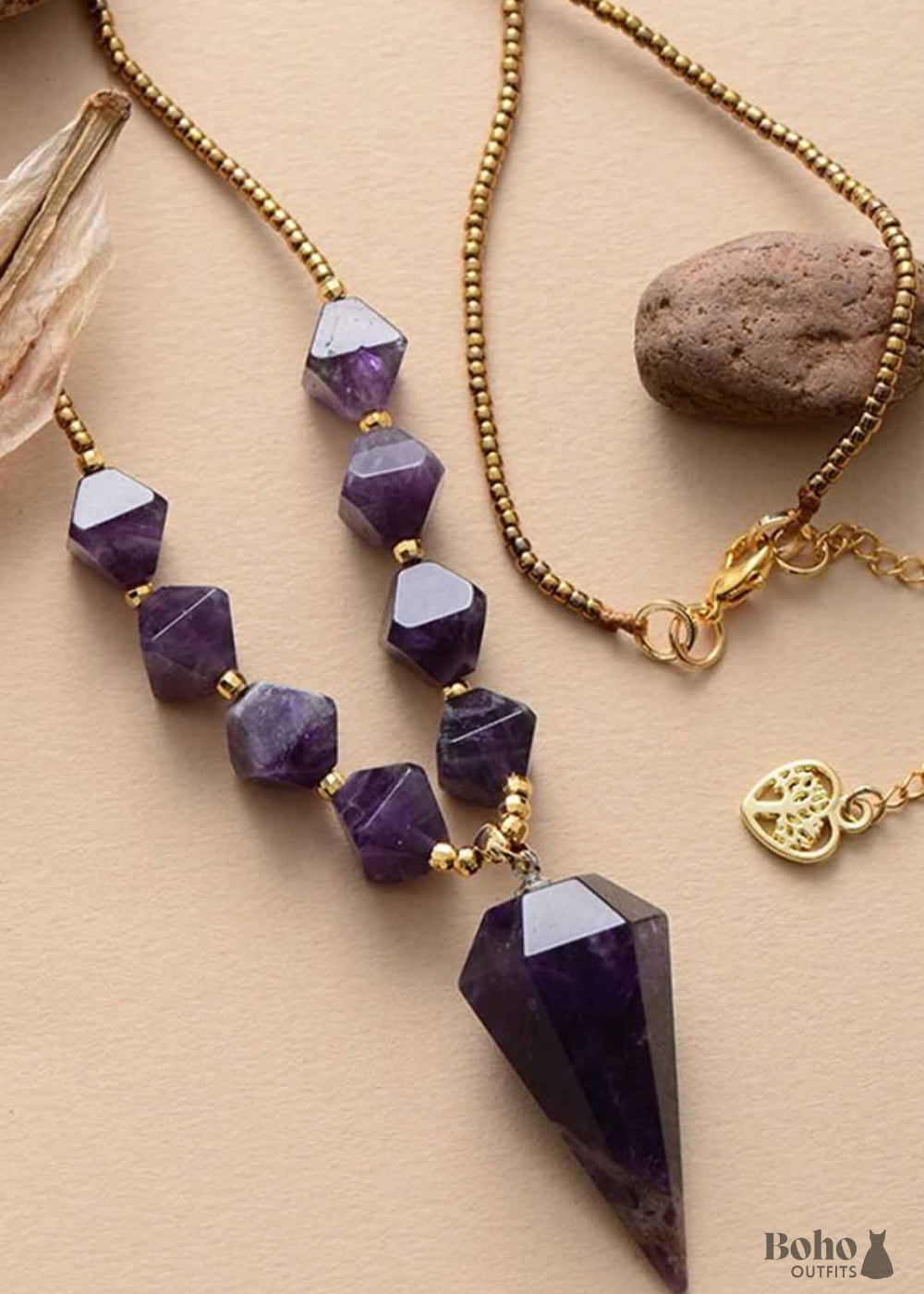 Boho Necklace Amethysts Hexagonal Cone Pendant - Jewelry