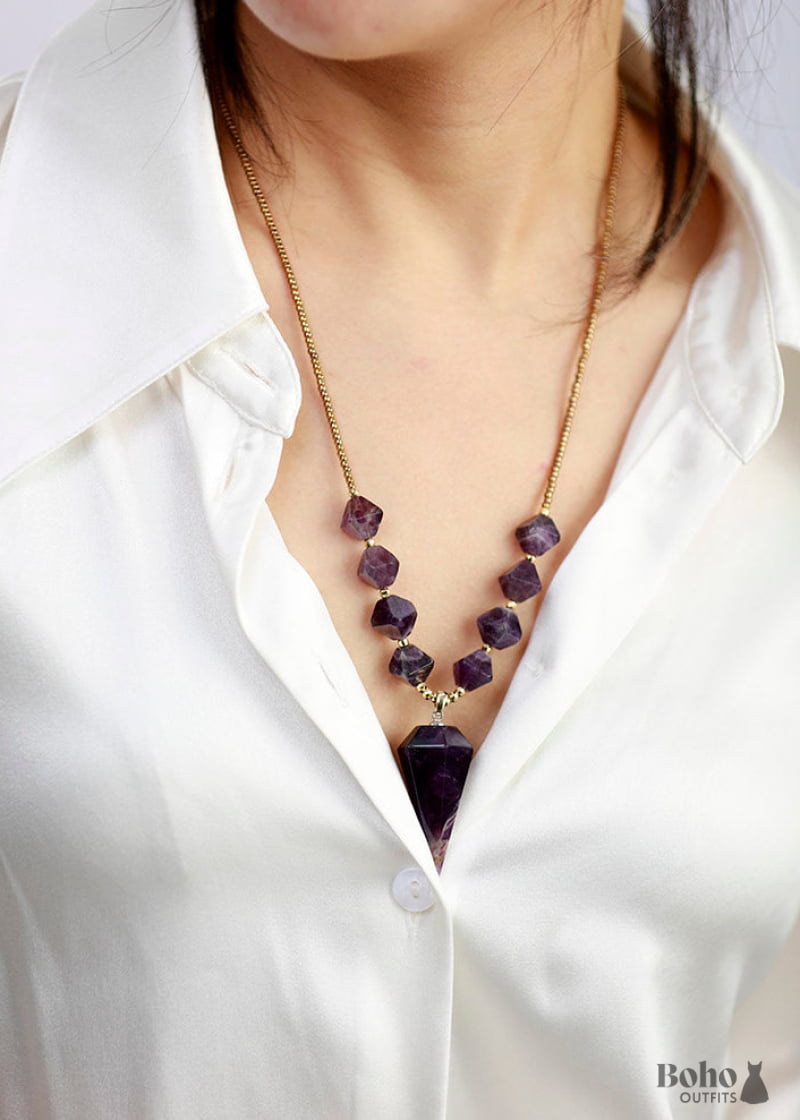 Boho Necklace Amethysts Hexagonal Cone Pendant - Jewelry