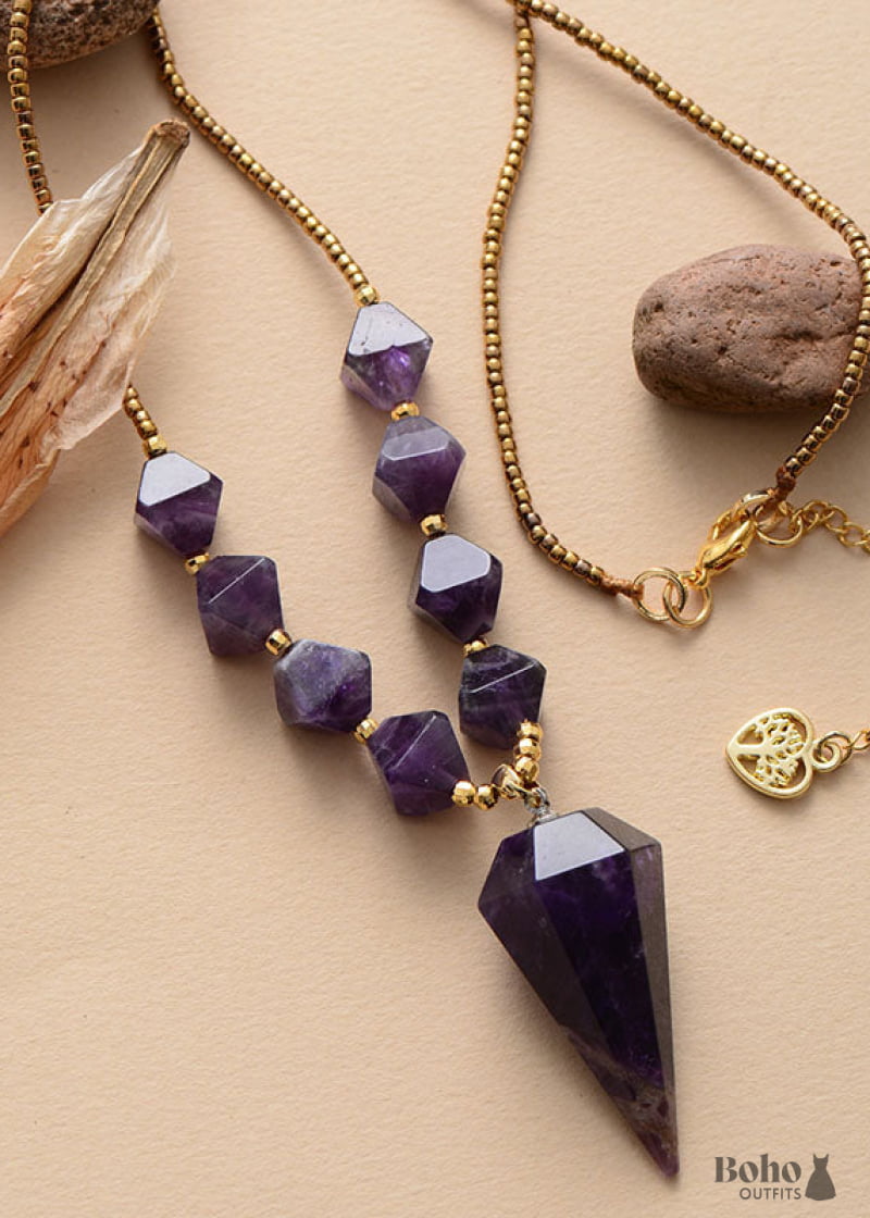 Boho Necklace Amethysts Hexagonal Cone Pendant - Jewelry