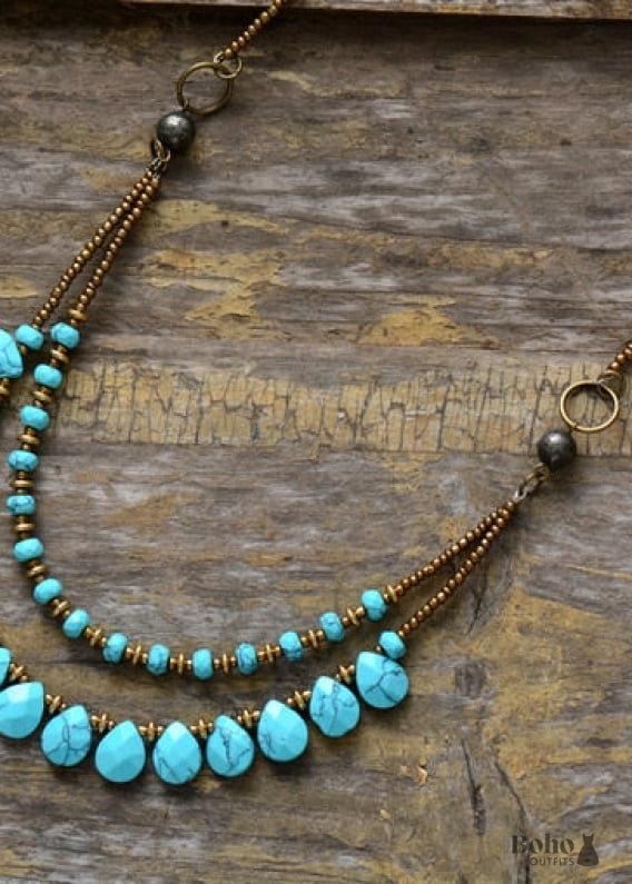 Boho Necklace Blue Agate Jasper and Seeds - Jewelry