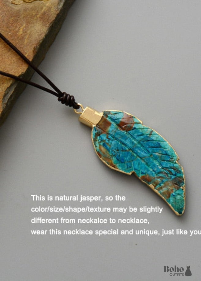 Boho Necklace Blue Agate Leaf Pendant - Jewelry