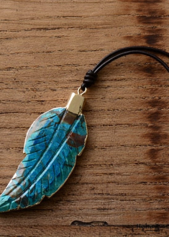 Boho Necklace Blue Agate Leaf Pendant - Jewelry