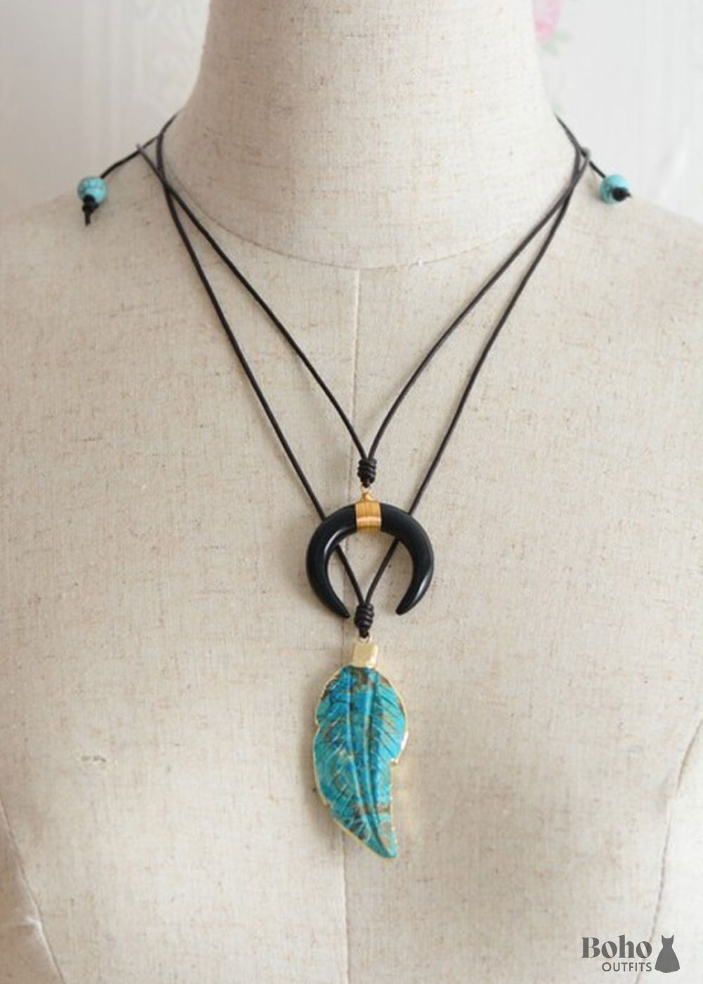 Boho Necklace Blue Agate Leaf Pendant - Jewelry