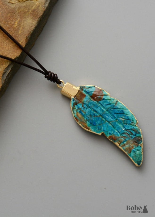 Boho Necklace Blue Agate Leaf Pendant - Jewelry