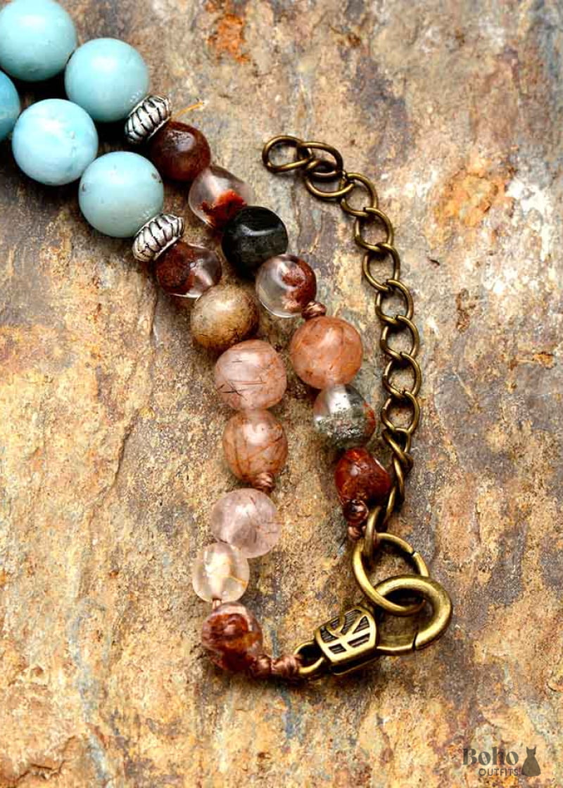 Boho Necklace Blue Amazonite Jasper Labradorite and Seeds