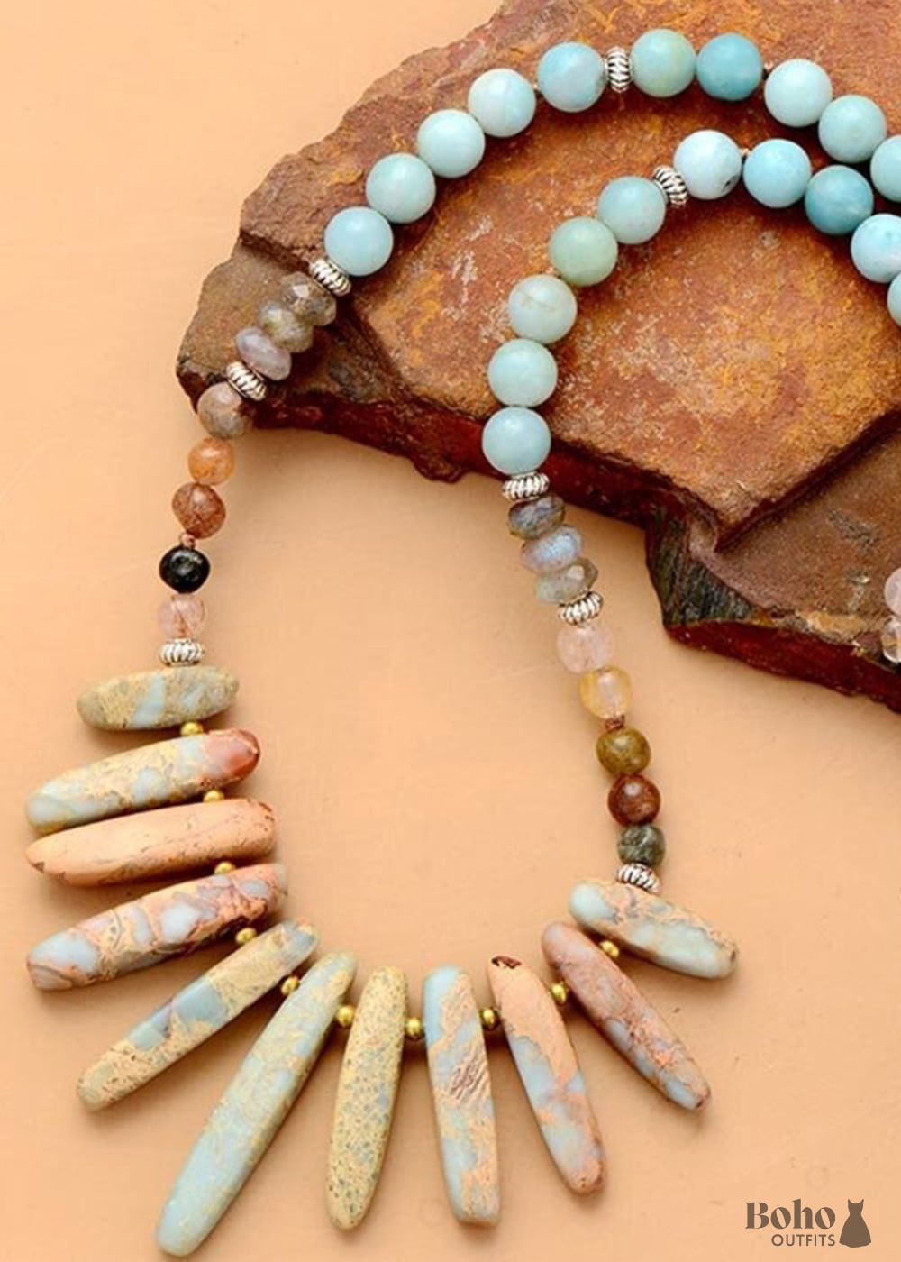 Boho Necklace Blue Amazonite Jasper Labradorite and Seeds