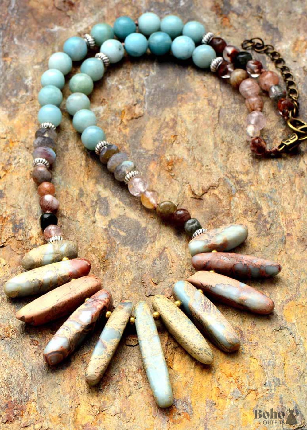 Boho Necklace Blue Amazonite Jasper Labradorite and Seeds