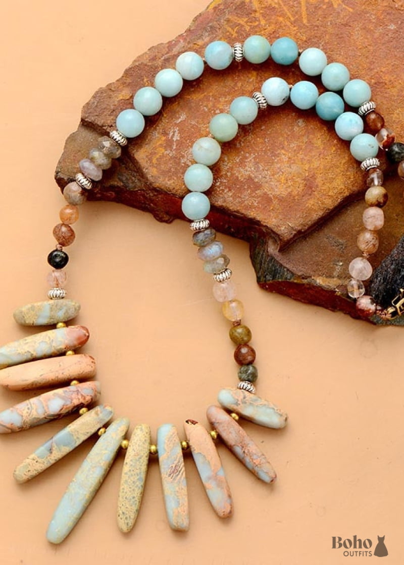 Boho Necklace Blue Amazonite Jasper Labradorite and Seeds