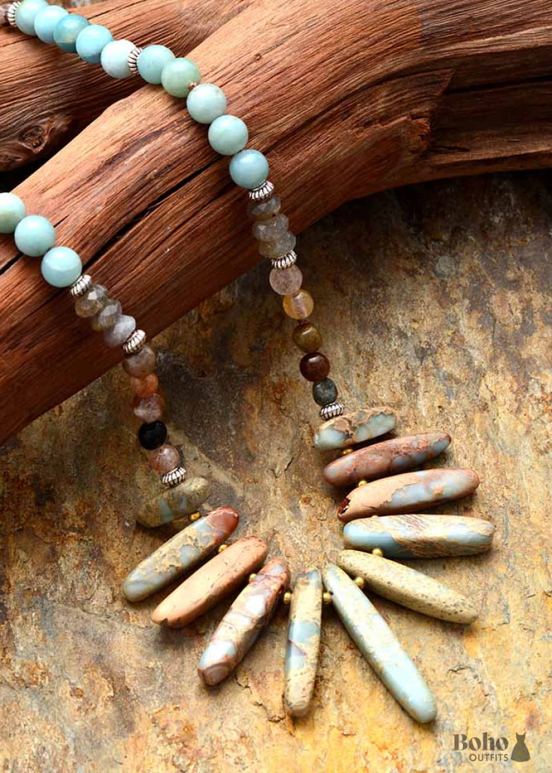 Boho Necklace Blue Amazonite Jasper Labradorite and Seeds