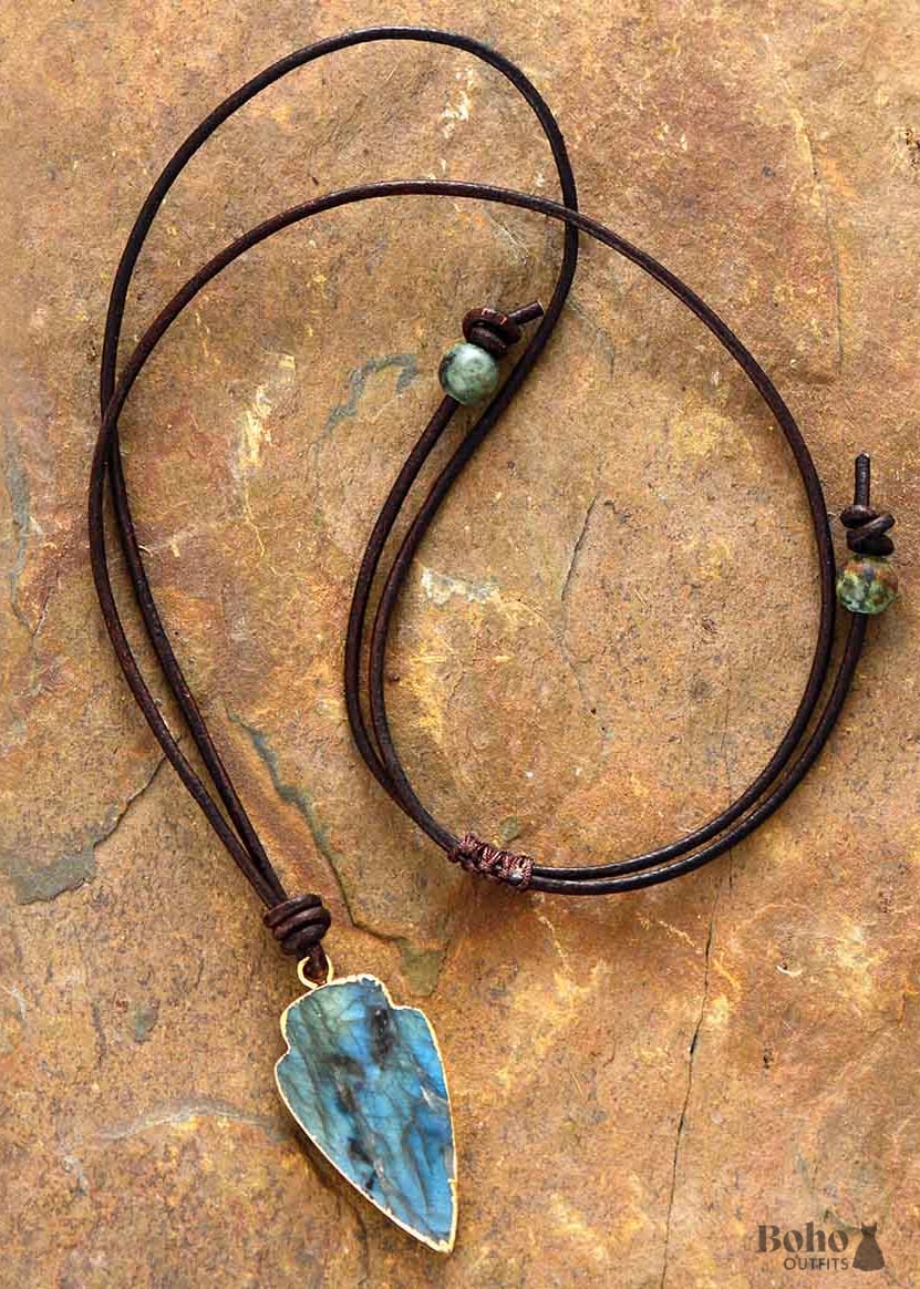 Boho Necklace,Blue and Black Agate Jasper Arrowhead Pendant