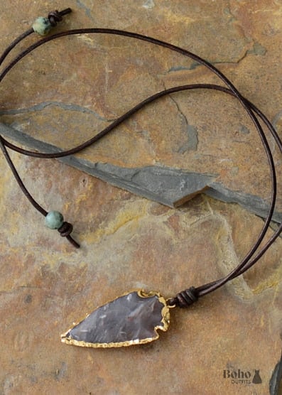 Boho Necklace,Blue and Black Agate Jasper Arrowhead Pendant