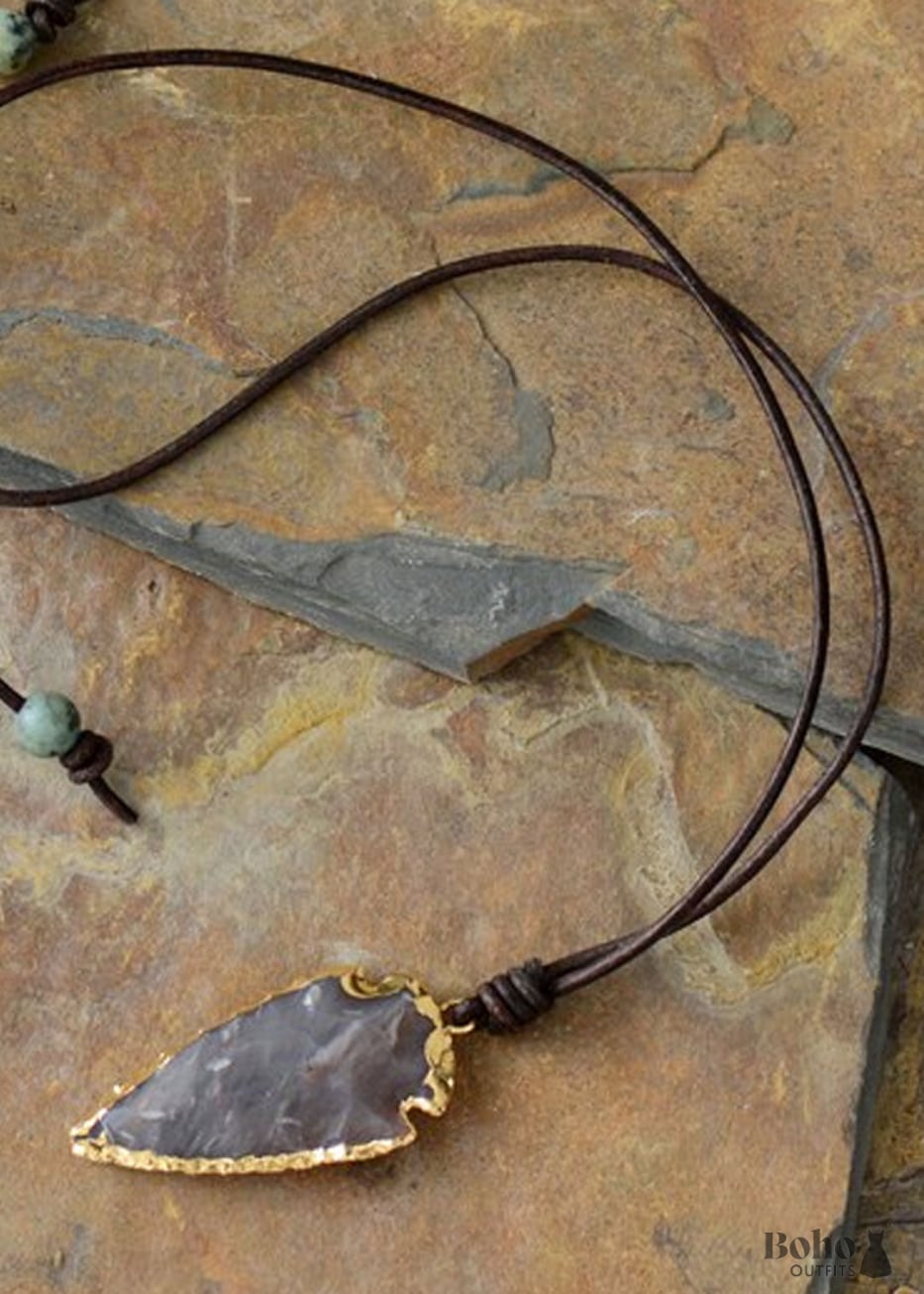 Boho Necklace,Blue and Black Agate Jasper Arrowhead Pendant