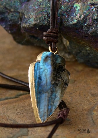 Boho Necklace,Blue and Black Agate Jasper Arrowhead Pendant