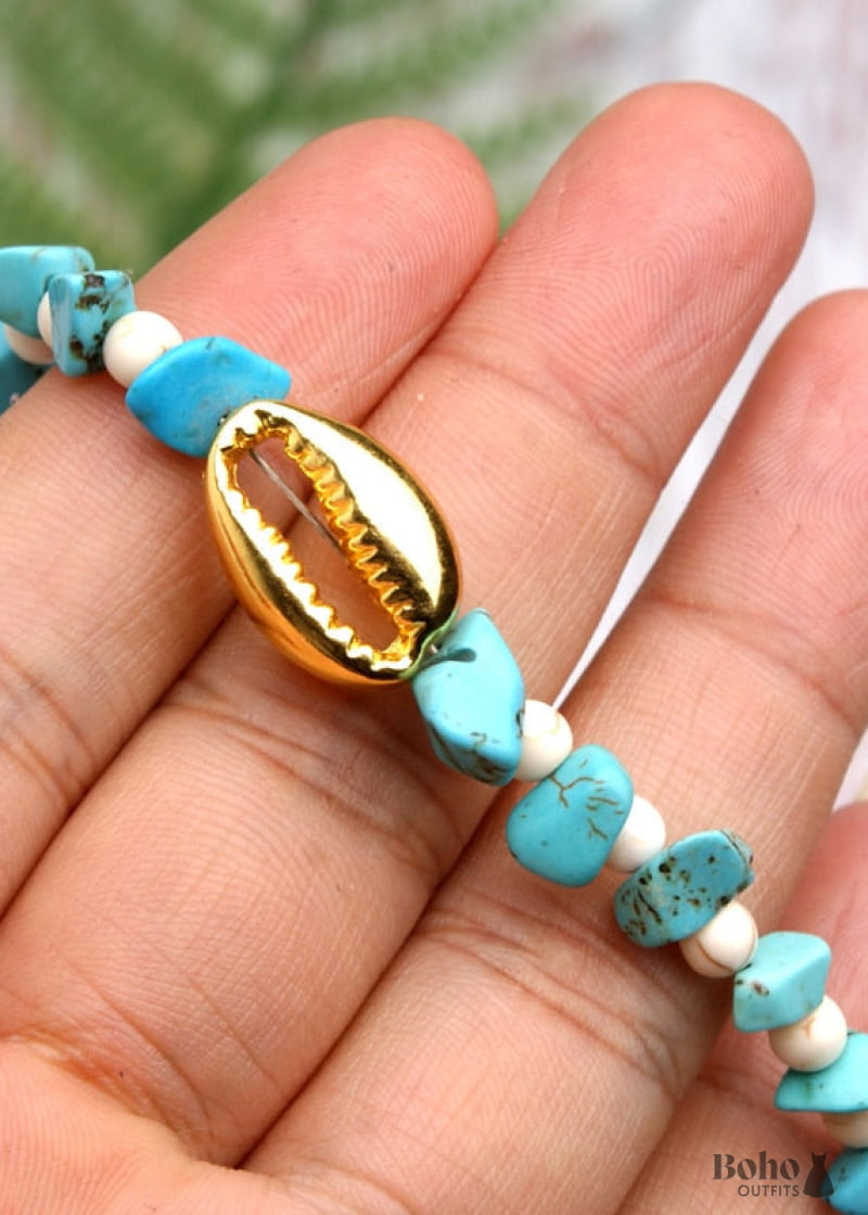 Boho Necklace Blue Colorful Gold Shell - Jewelry