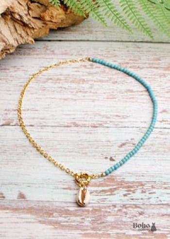 Boho Necklace Blue Colorful Hippie Gold Shell - blue