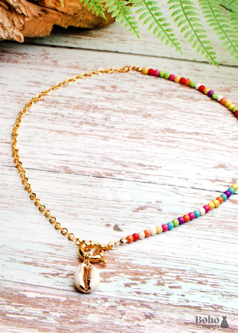 Boho Necklace Blue Colorful Hippie Gold Shell - Jewelry