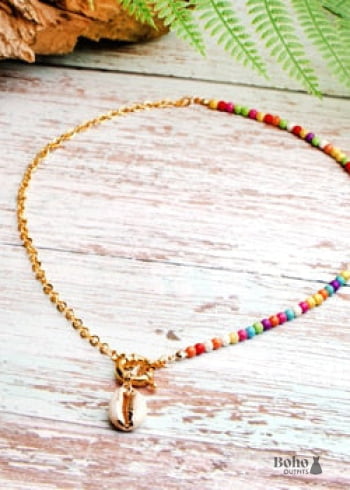 Boho Necklace Blue Colorful Hippie Gold Shell - multi