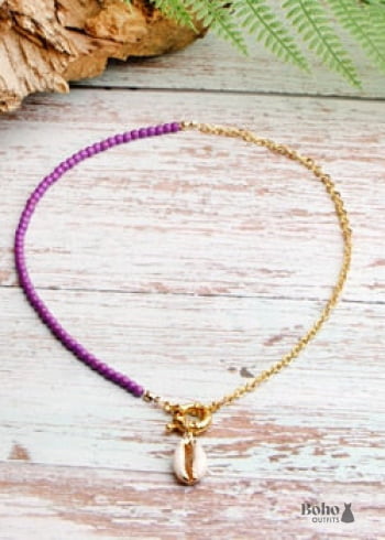 Boho Necklace Blue Colorful Hippie Gold Shell - purple