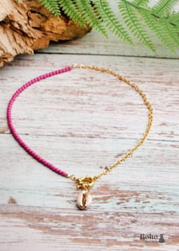 Boho Necklace Blue Colorful Hippie Gold Shell - rose