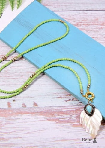 Boho Necklace Blue Colorful Leaf Shell - green - Jewelry