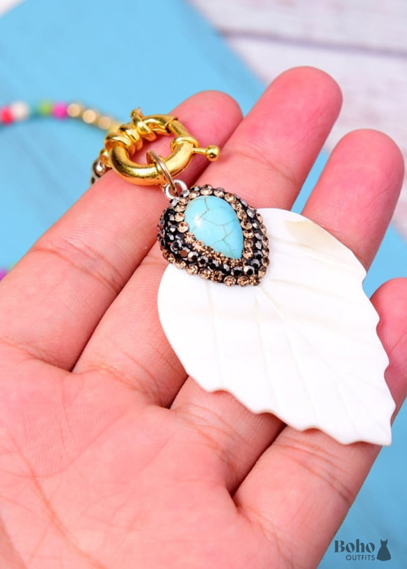 Boho Necklace Blue Colorful Leaf Shell - Jewelry