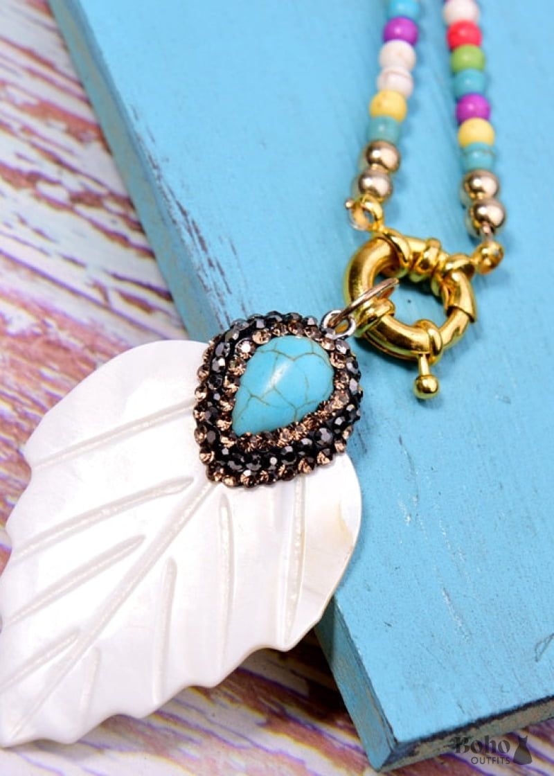 Boho Necklace Blue Colorful Leaf Shell - Jewelry