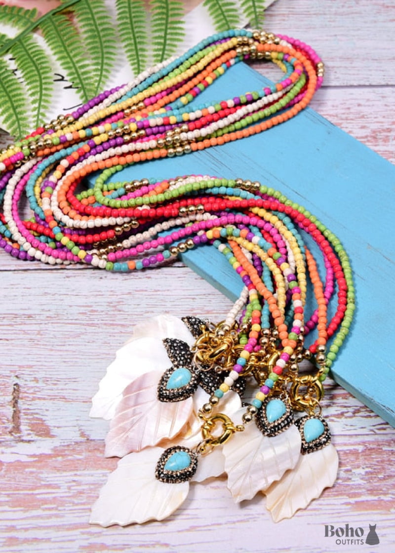 Boho Necklace Blue Colorful Leaf Shell - Jewelry