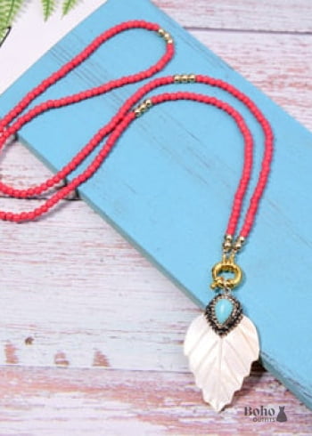 Boho Necklace Blue Colorful Leaf Shell - red - Jewelry