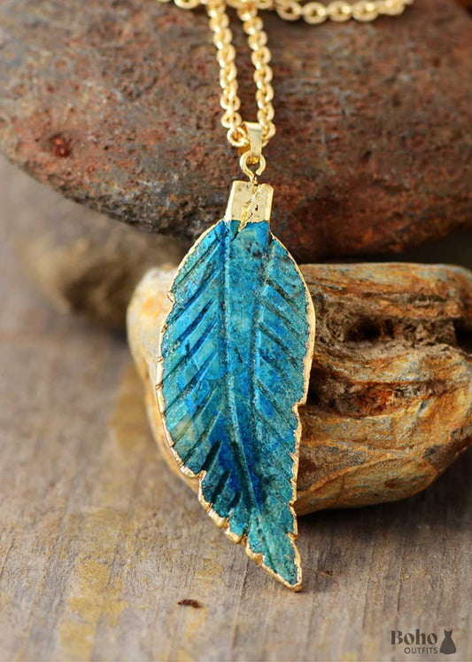 Boho Necklace Blue Ocean Japser Leaf Pendant - Jewelry