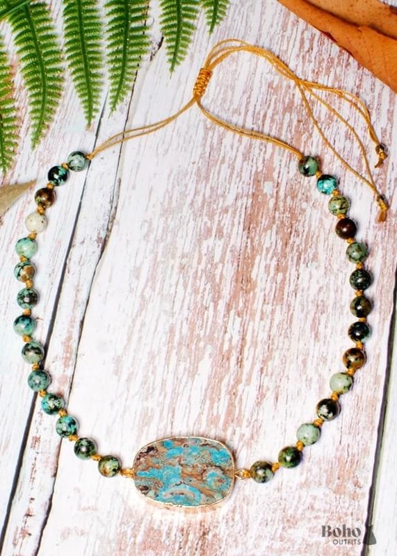 Boho Necklace Blue Turquoise Breads - Jewelry