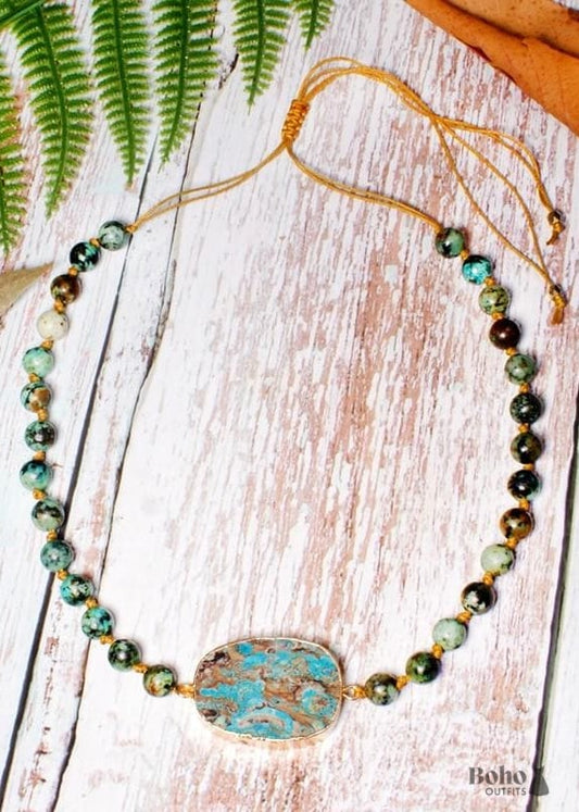 Boho Necklace Blue Turquoise Breads - Jewelry