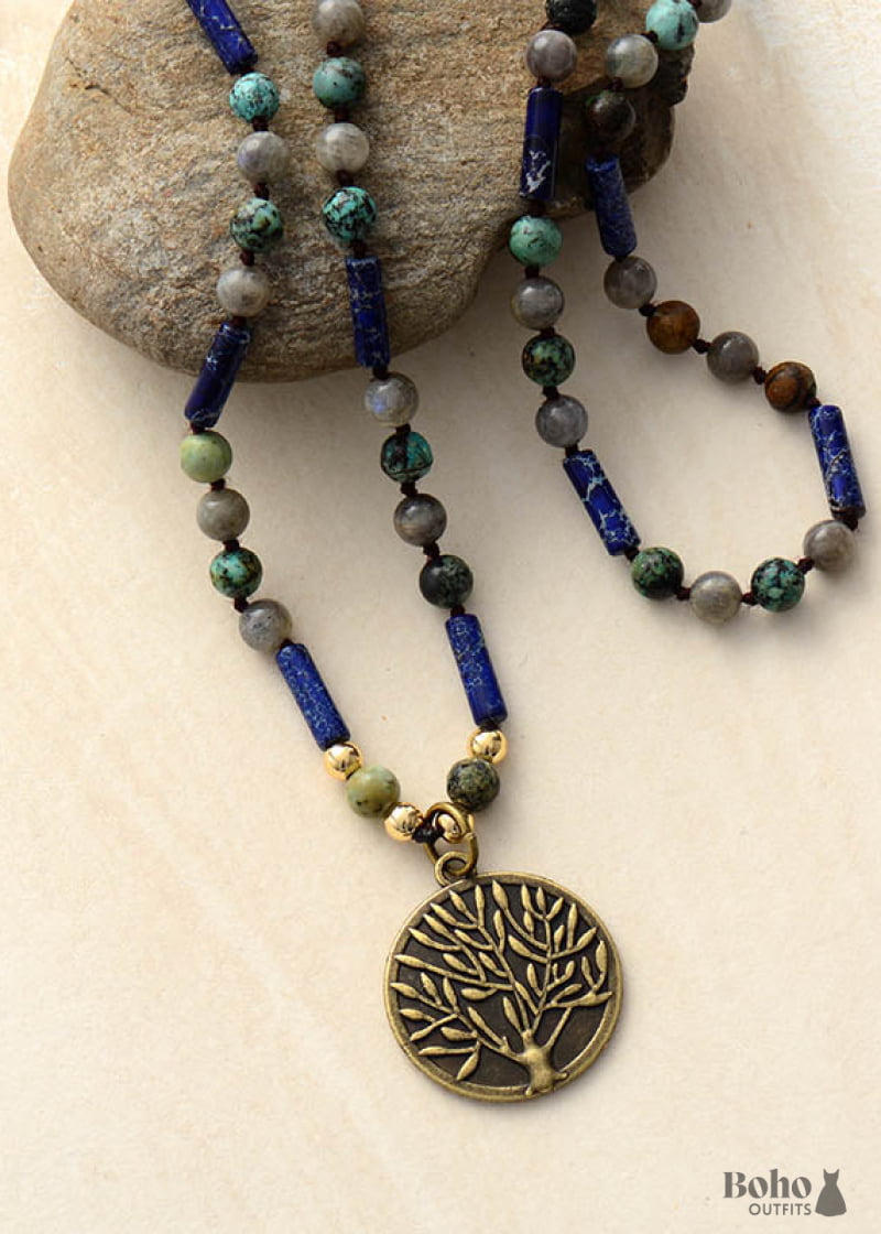 Boho Necklace BlueLabradorite Jasper and Turquoise Tree