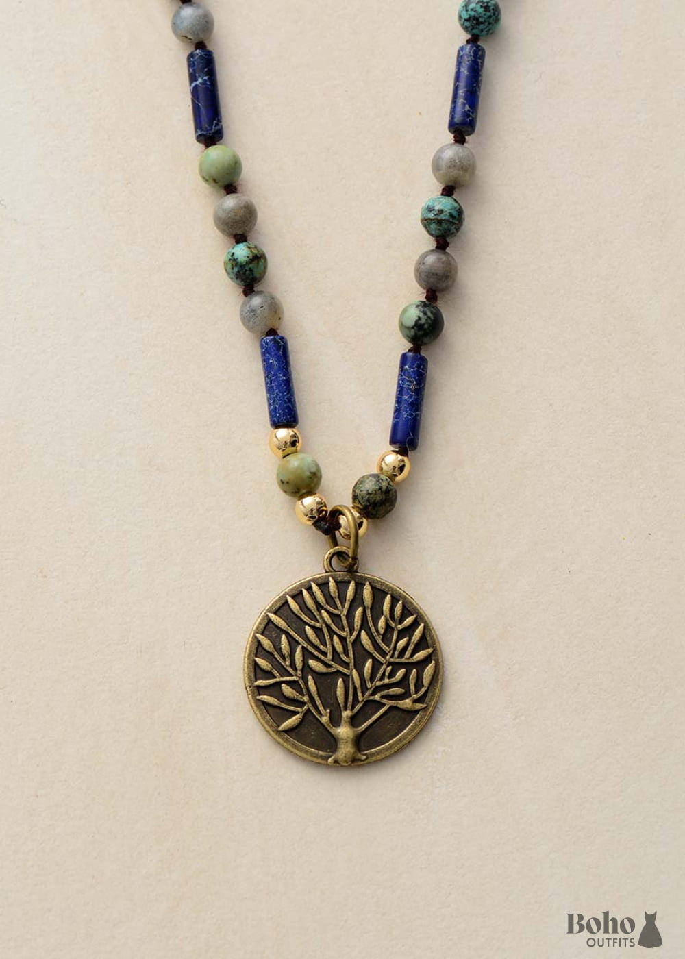 Boho Necklace BlueLabradorite Jasper and Turquoise Tree