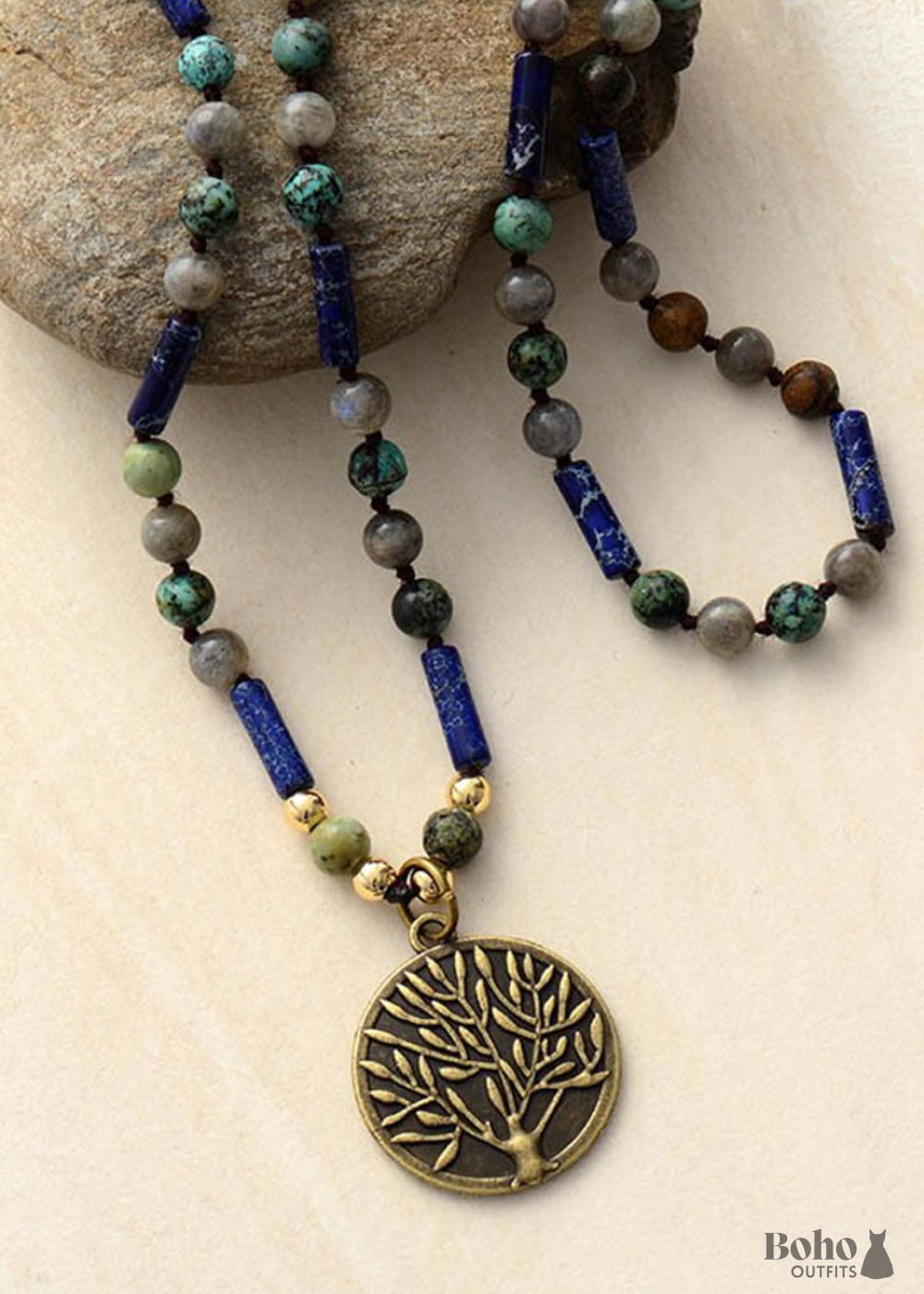 Boho Necklace BlueLabradorite Jasper and Turquoise Tree