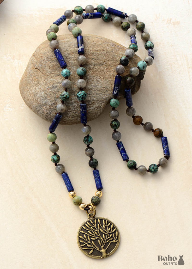 Boho Necklace BlueLabradorite Jasper and Turquoise Tree