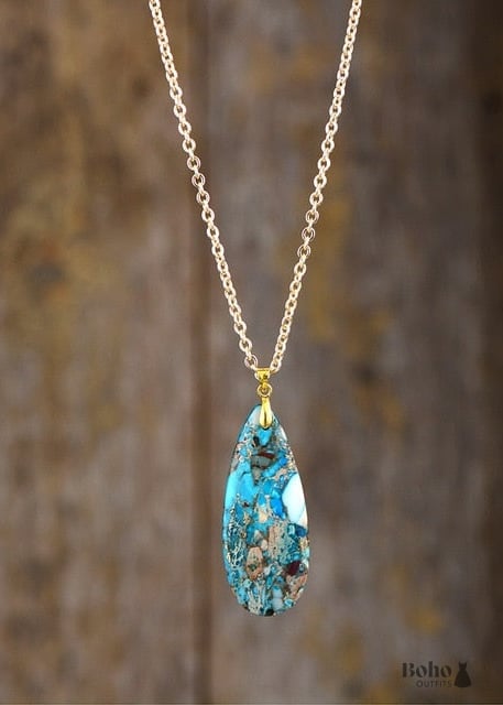 Boho Necklace BlueTurquoise Eclipe Pendant - Gold - Jewelry