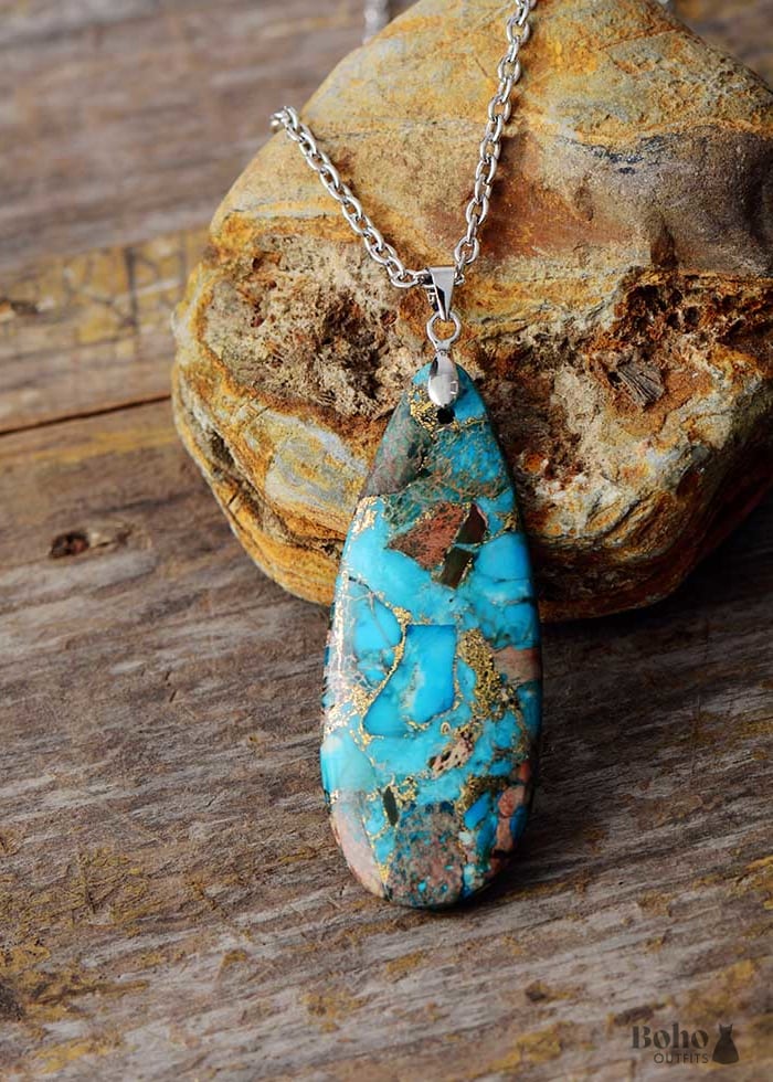 Boho Necklace BlueTurquoise Eclipe Pendant - Jewelry