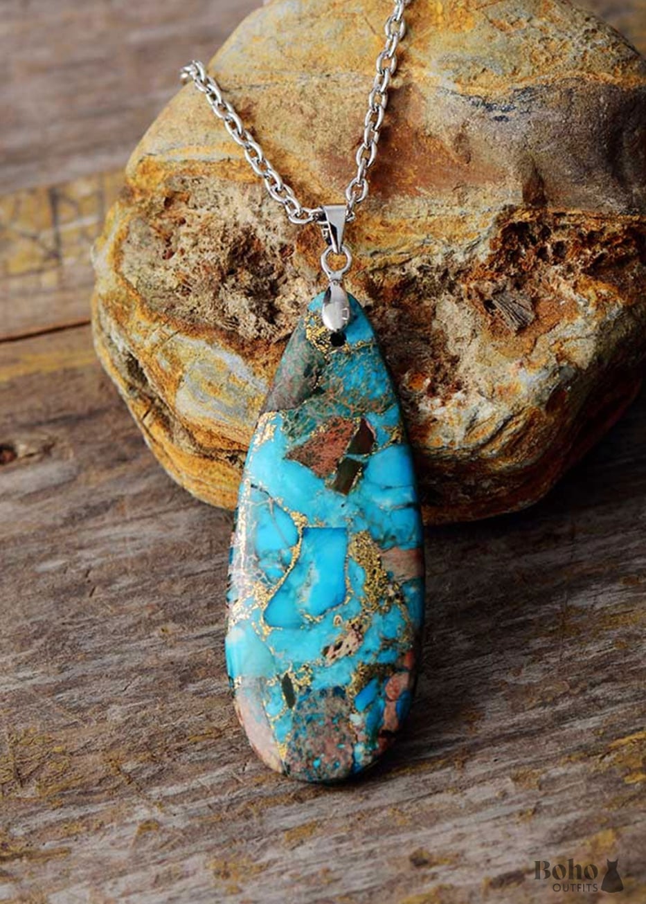 Boho Necklace BlueTurquoise Eclipe Pendant - Jewelry