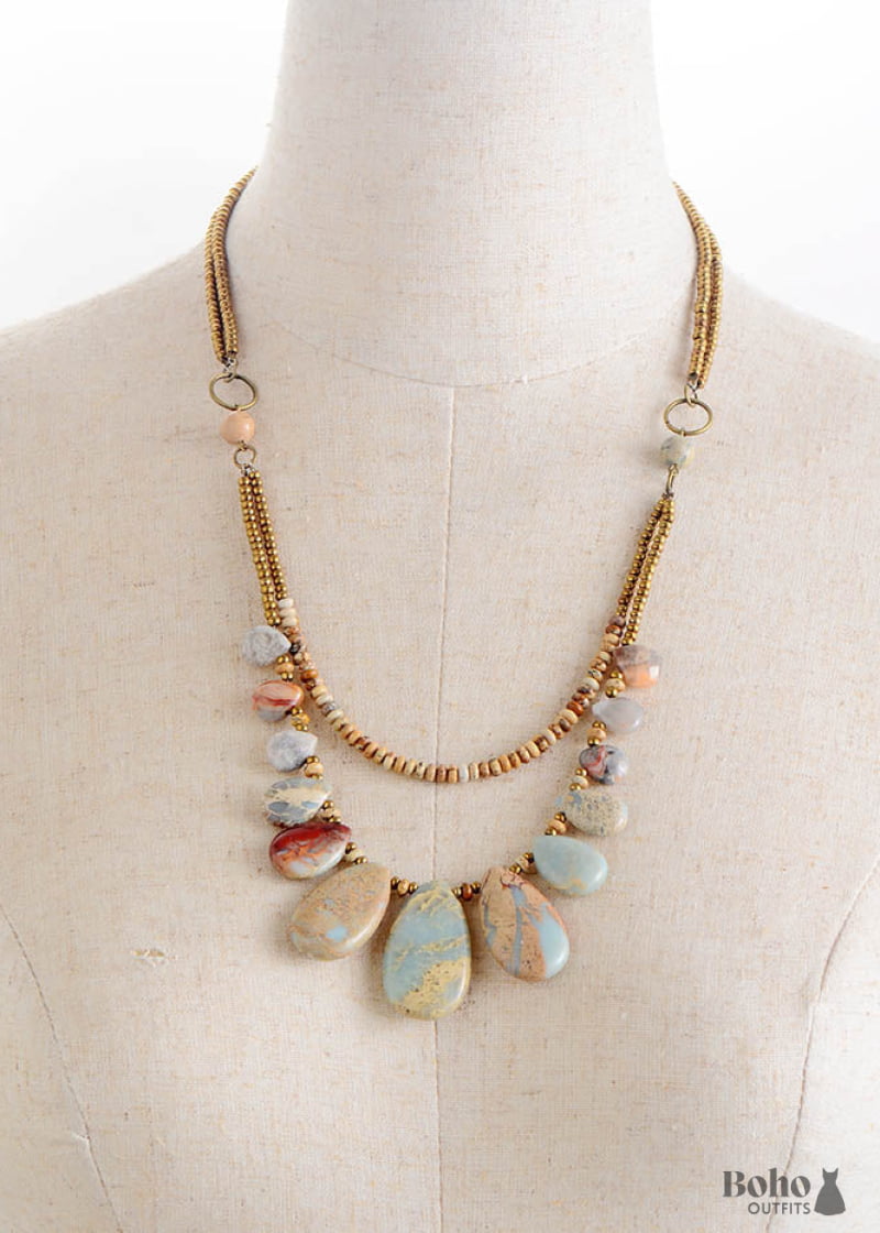 Boho Necklace Brown Agate Jasper and Seeds - Jewelry