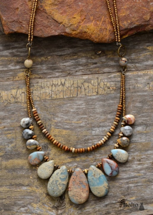 Boho Necklace Brown Agate Jasper and Seeds - Jewelry