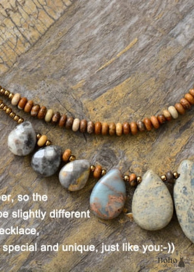 Boho Necklace Brown Agate Jasper and Seeds - Jewelry