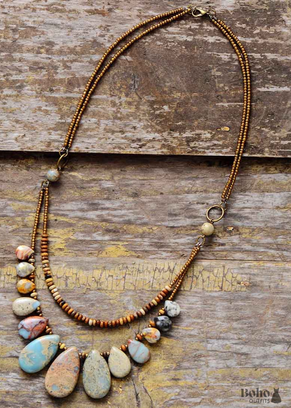 Boho Necklace Brown Agate Jasper and Seeds - Jewelry