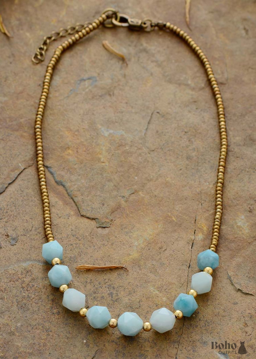 Boho Necklace Choker Amazonite Natural Stone Beads - Jewelry