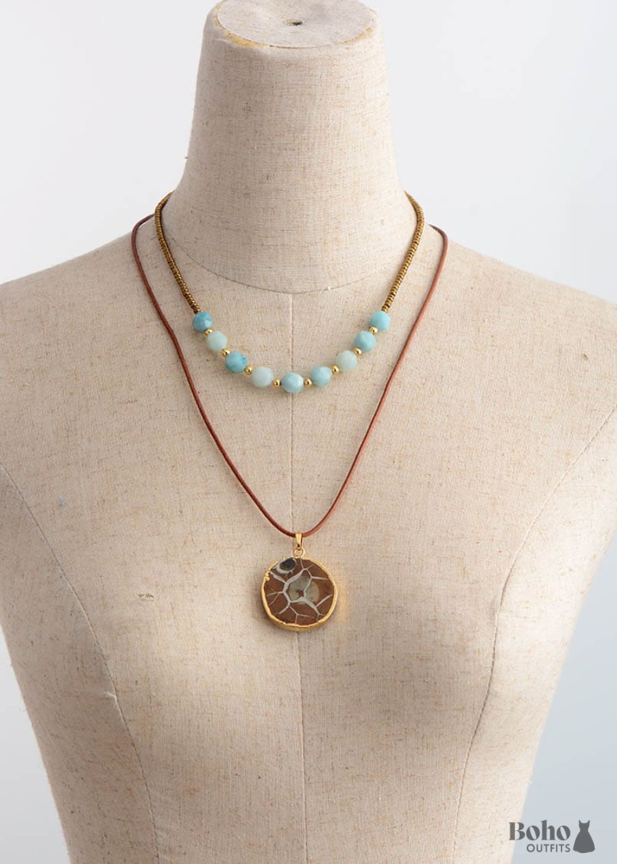 Boho Necklace Choker Amazonite Natural Stone Beads - Jewelry