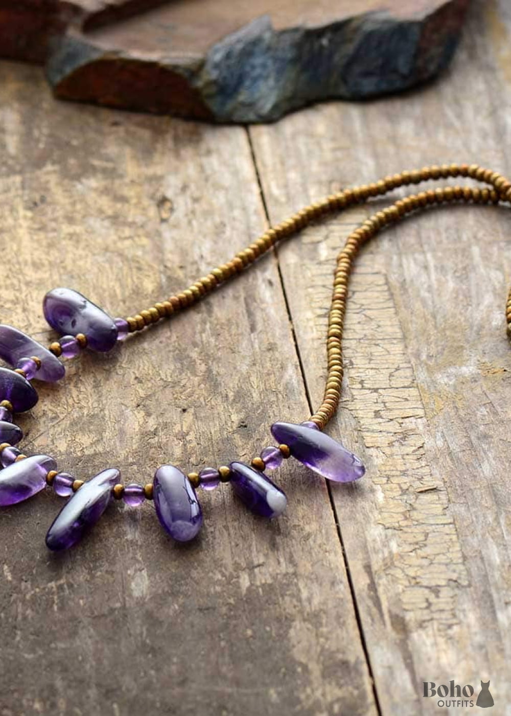 Boho Necklace Choker Amethysts Natural Stone Beads Seeds