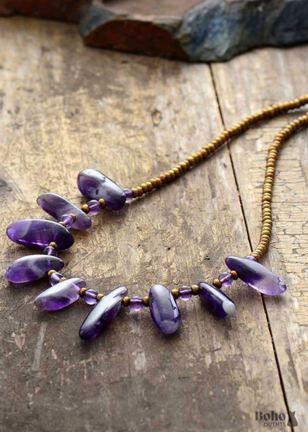 Boho Necklace Choker Amethysts Natural Stone Beads Seeds