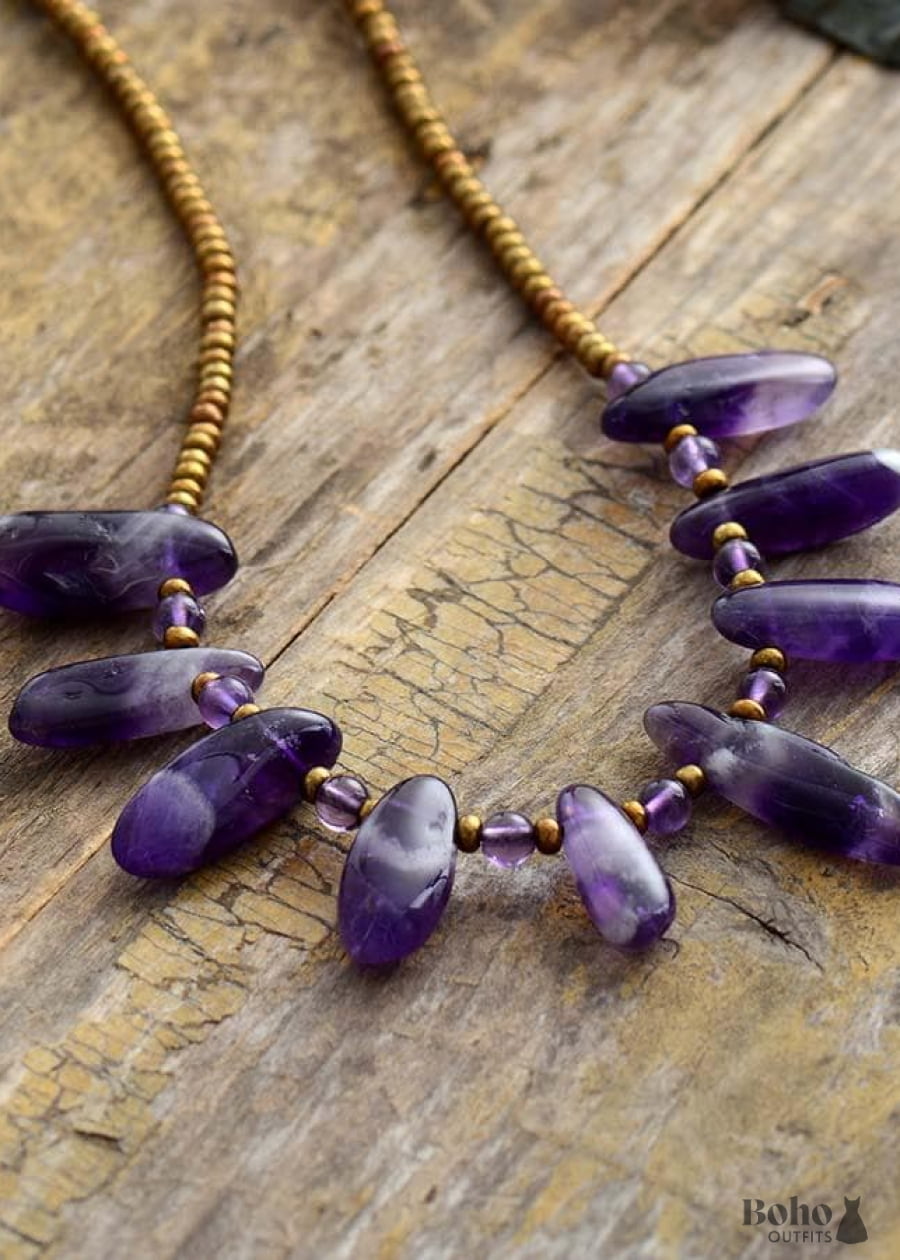 Boho Necklace Choker Amethysts Natural Stone Beads Seeds