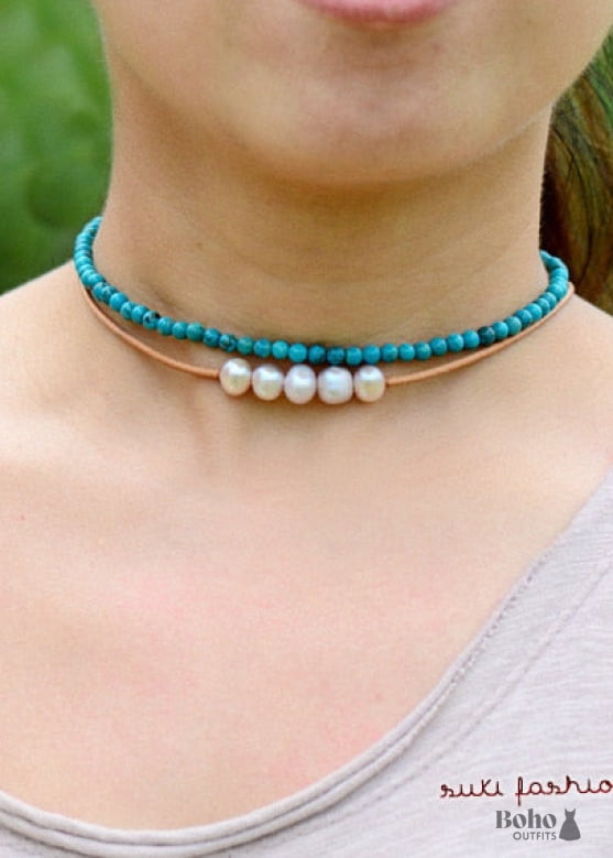 Boho Necklace Choker Blue and Green Natural Stones - Jewelry